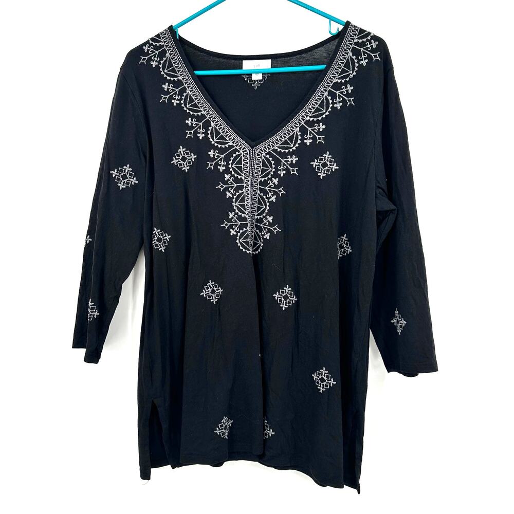 J. Jill Size Medium Petite 3/4 Sleeve V-Neck Tunic Black Embroidered Cotton Top
